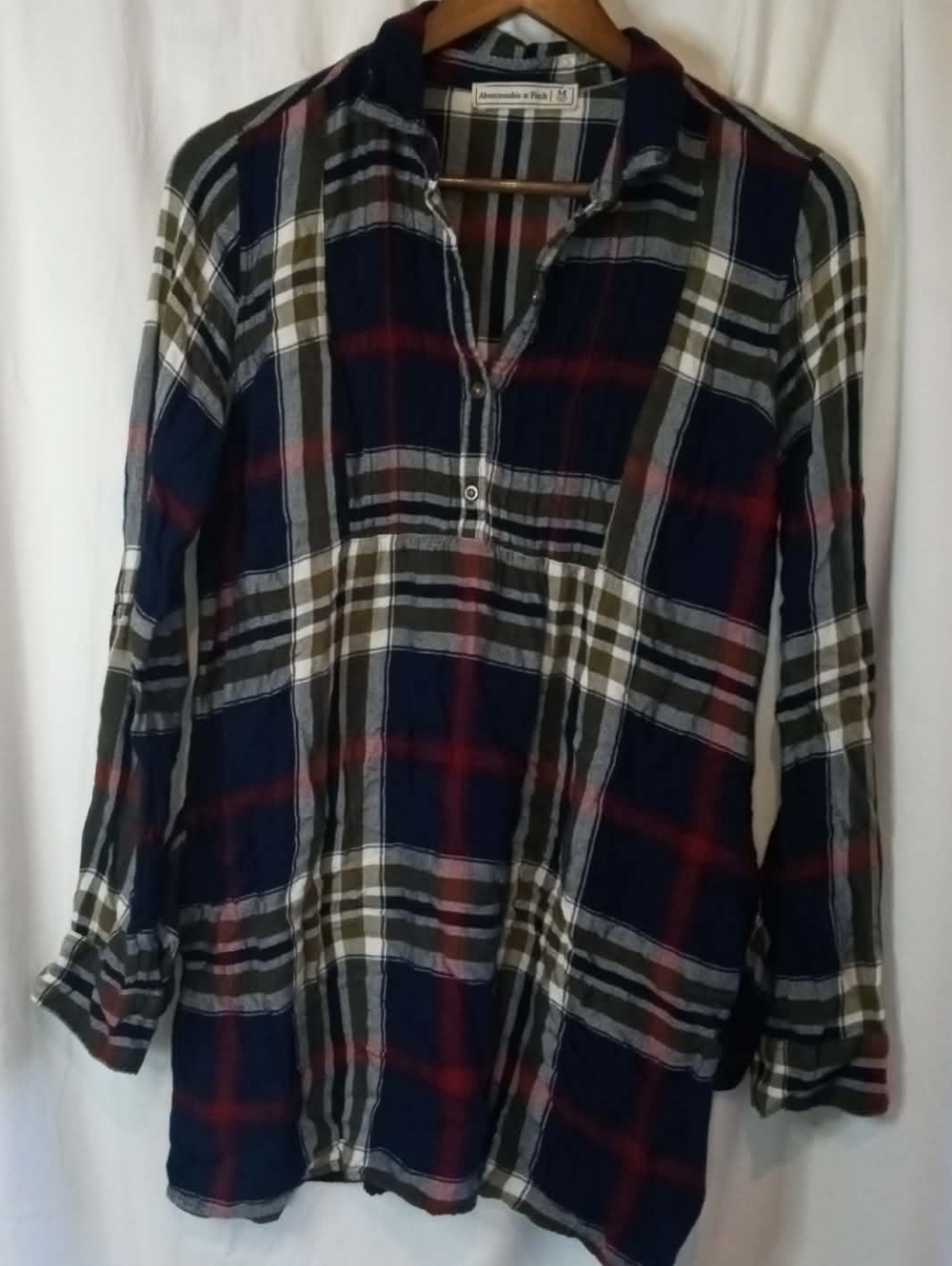 Abercrombie & Fitch Navy Red Olive Plaid Flannel Henley Tunic Shirt Cabincore